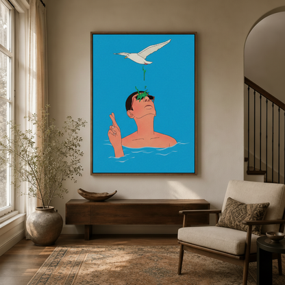 Humorous flat graphic art canvas displayed in warm entryway with natural light