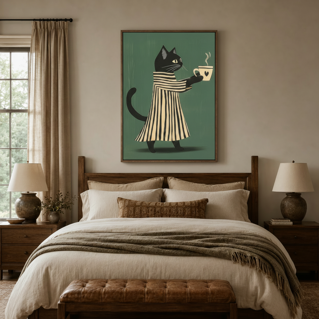 Black cat coffee flat illustration wall art in float frame centered above neutral bedroom bed