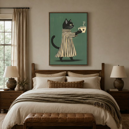 Black cat coffee flat illustration wall art in float frame centered above neutral bedroom bed