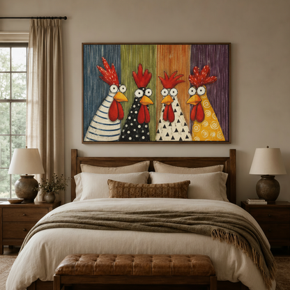 Bold folk art rooster canvas print in float frame above walnut headboard in warm neutral bedroom