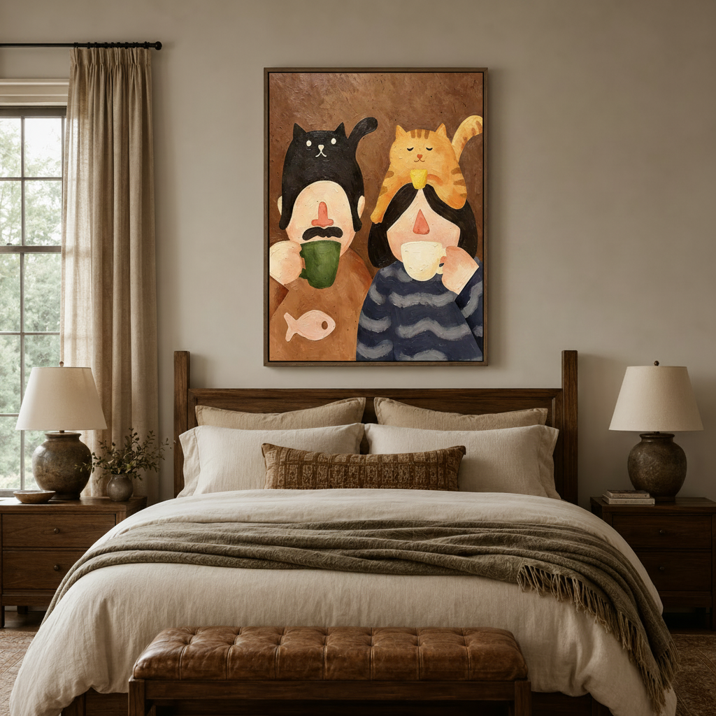 Folk art funny cat couple canvas above bed in cozy bedroom with walnut headboard and neutral bedding