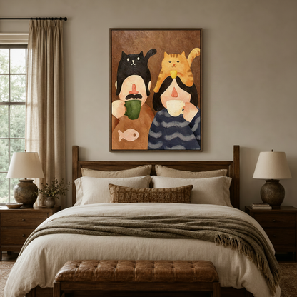 Folk art funny cat couple canvas above bed in cozy bedroom with walnut headboard and neutral bedding