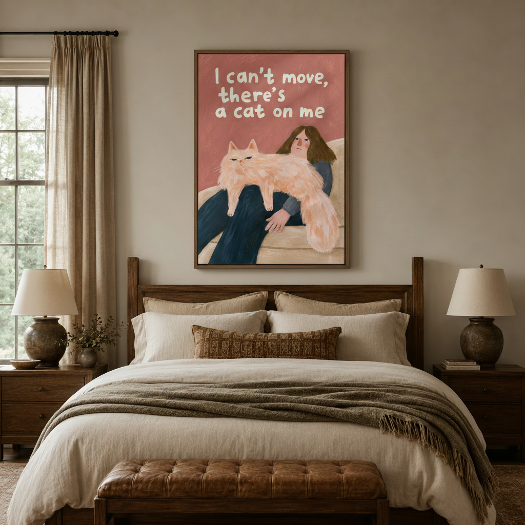 Cat lover canvas wall art above bed in neutral bedroom with linen bedding