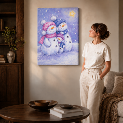 Gallery-wrapped snowman family canvas with a small gift and glowing star beside a woman.