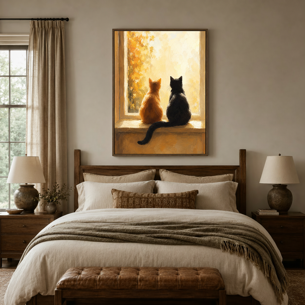 Impressionist two cats windowsill painting framed canvas art above wooden bed in cozy bedroom