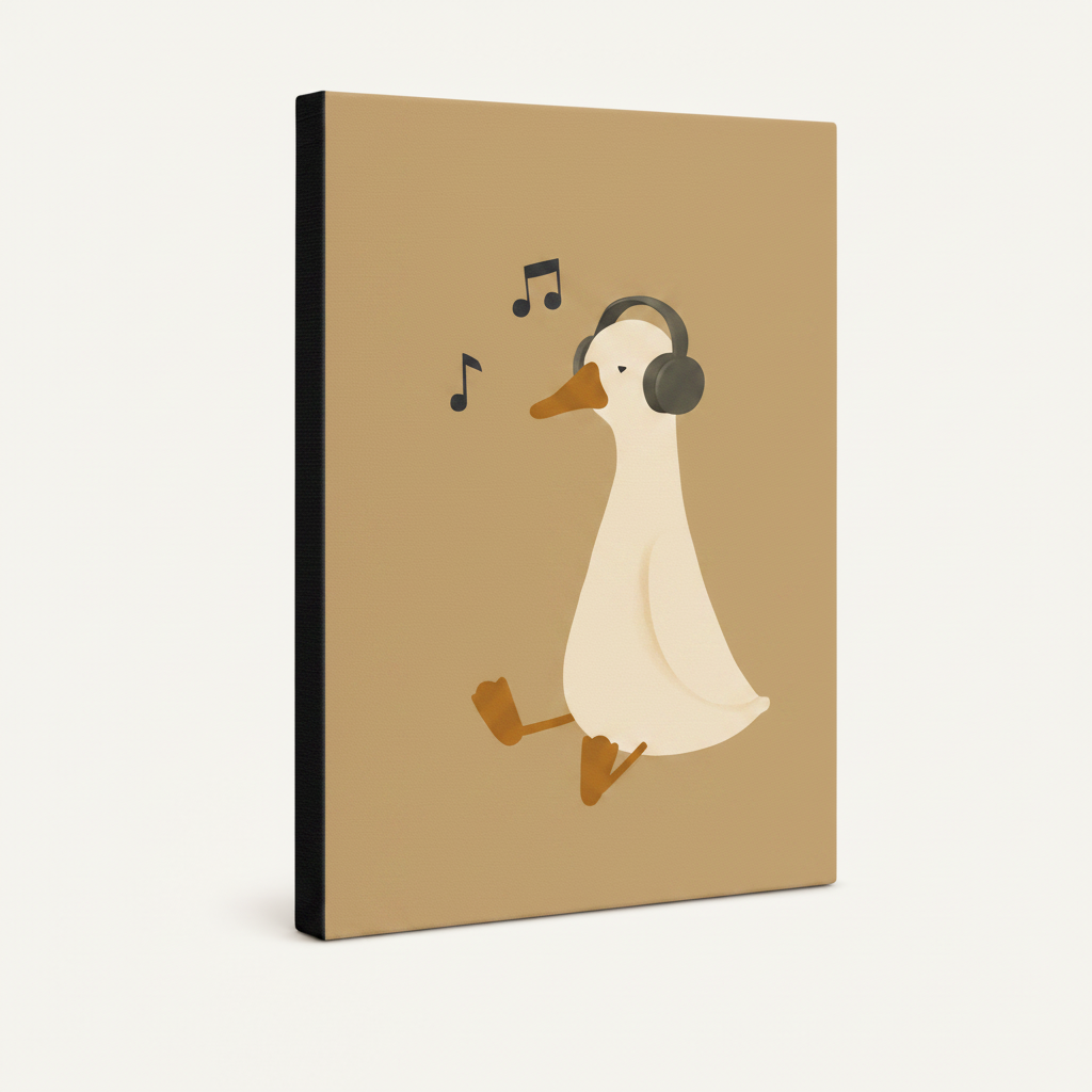 Duck with headphones canvas print no frame shown at left-facing angle with dark espresso sides on cream background