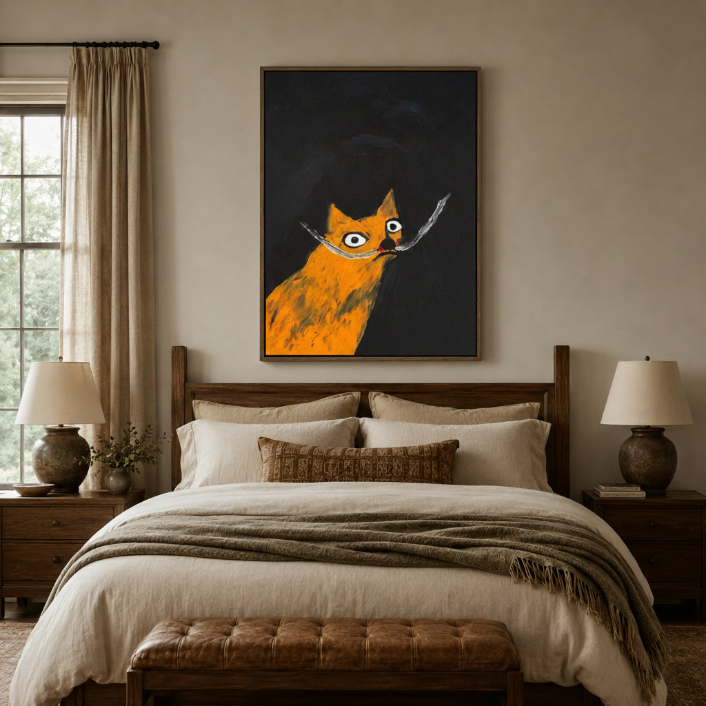 Expressive folk art orange cat canvas print hanging above a linen bed in a cozy bedroom