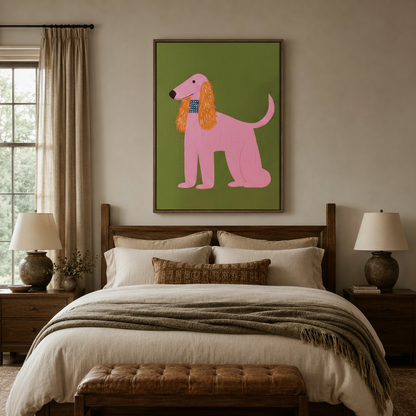 Afghan Hound folk art canvas in dark walnut float frame above a linen bed in a cozy bedroom