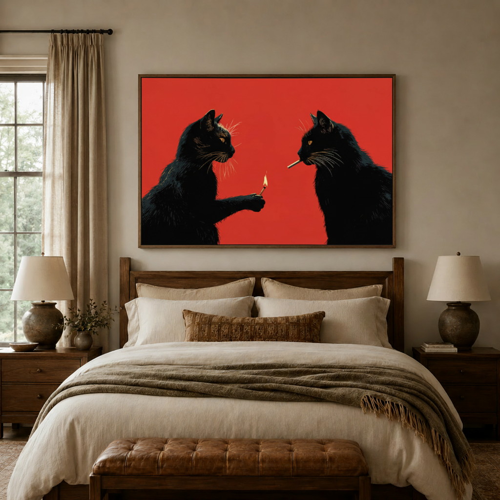 Edgy black cats match and cigarette canvas print in float frame above walnut headboard in cozy bedroom