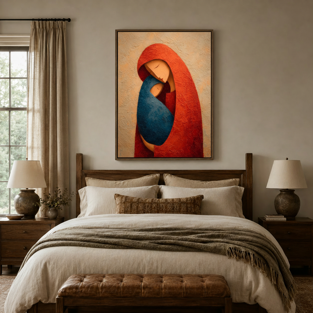 Mother and child abstract canvas art in dark walnut float frame above bedroom headboard