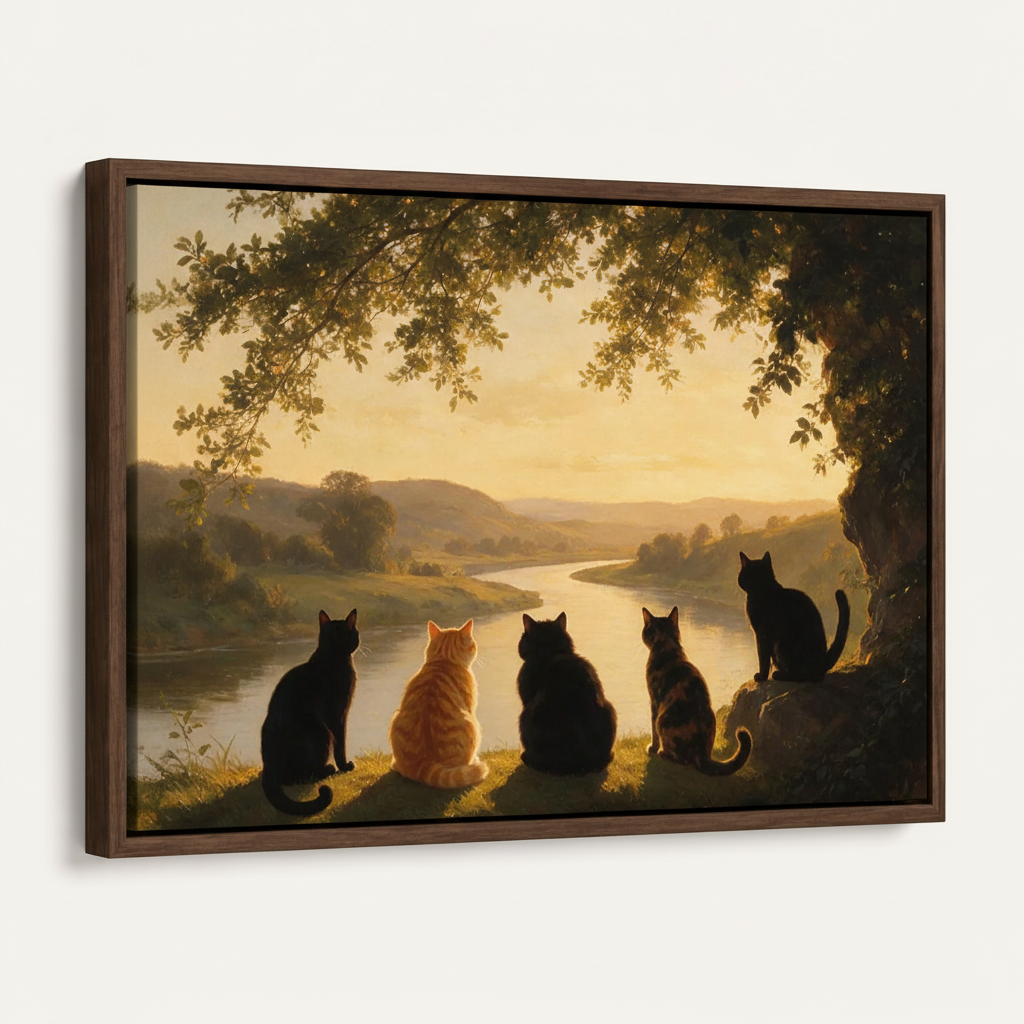 Cat sunset painting in dark walnut floating frame displayed at angle on warm cream background