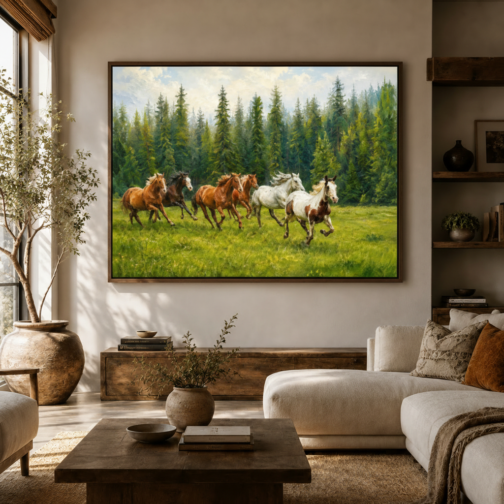 Bold wild horses oil painting canvas print above white curved sofa in bright modern living room