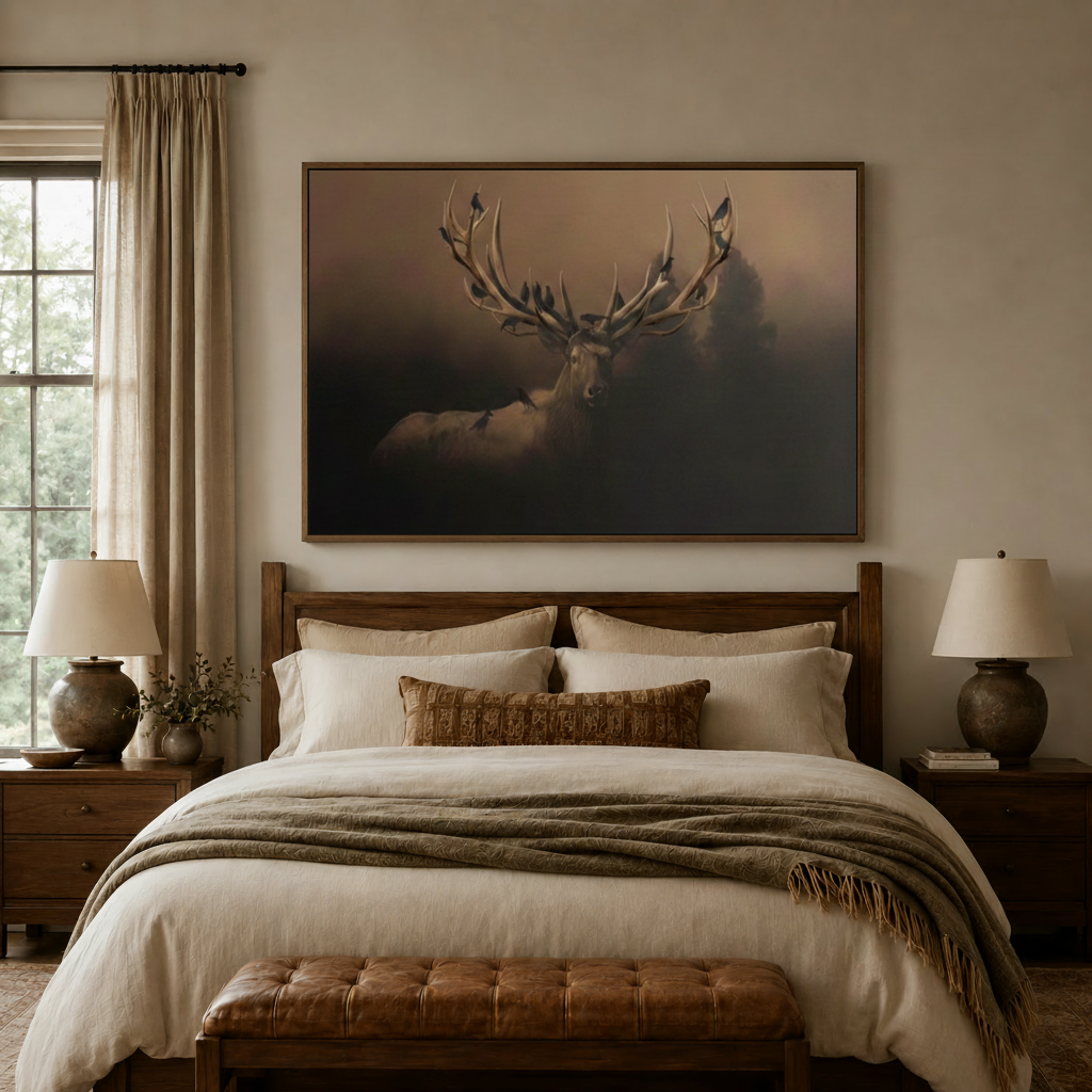 Atmospheric stag wall art in dark sepia tones displayed above a rustic wooden bed in a warm bedroom setting