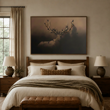 Atmospheric stag wall art in dark sepia tones displayed above a rustic wooden bed in a warm bedroom setting