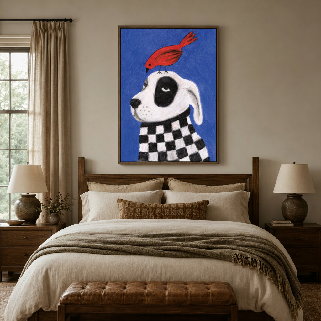 Funny dalmatian dog folk art canvas print in dark walnut float frame above wooden bed headboard