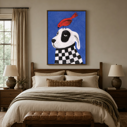 Funny dalmatian dog folk art canvas print in dark walnut float frame above wooden bed headboard