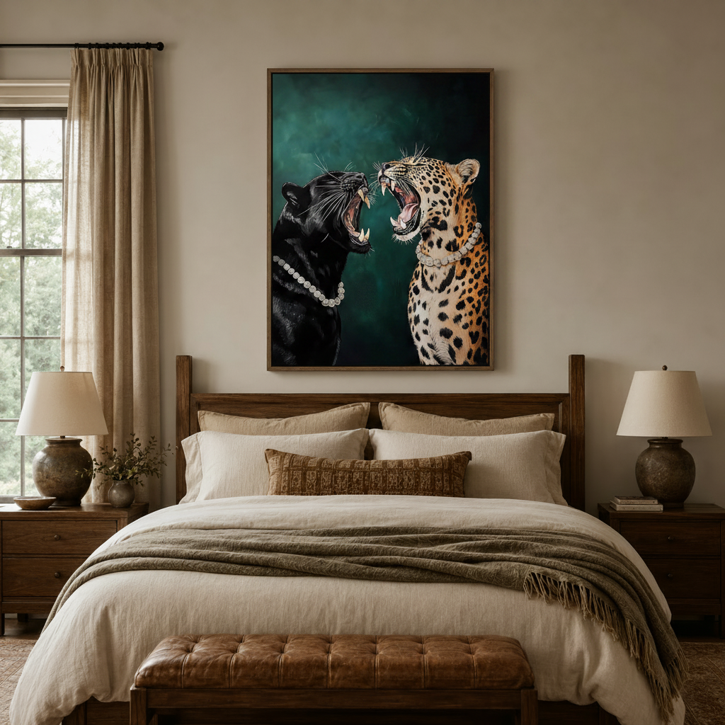 Fierce glam animal canvas art above bed in warm neutral bedroom with linen decor