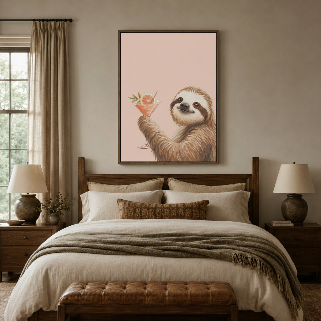 Whimsical sloth martini canvas art framed above a rustic wooden bed in a cozy bedroom