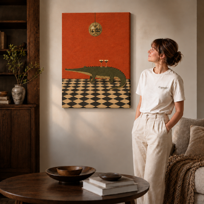 Surreal crocodile wall art shown on a gallery-wrapped canvas beside a dark bookcase and standing woman.