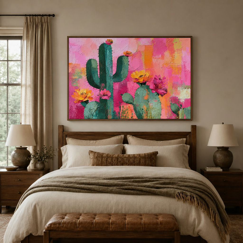 Pink desert cactus canvas bringing colorful Southwestern style to a cozy bedroom