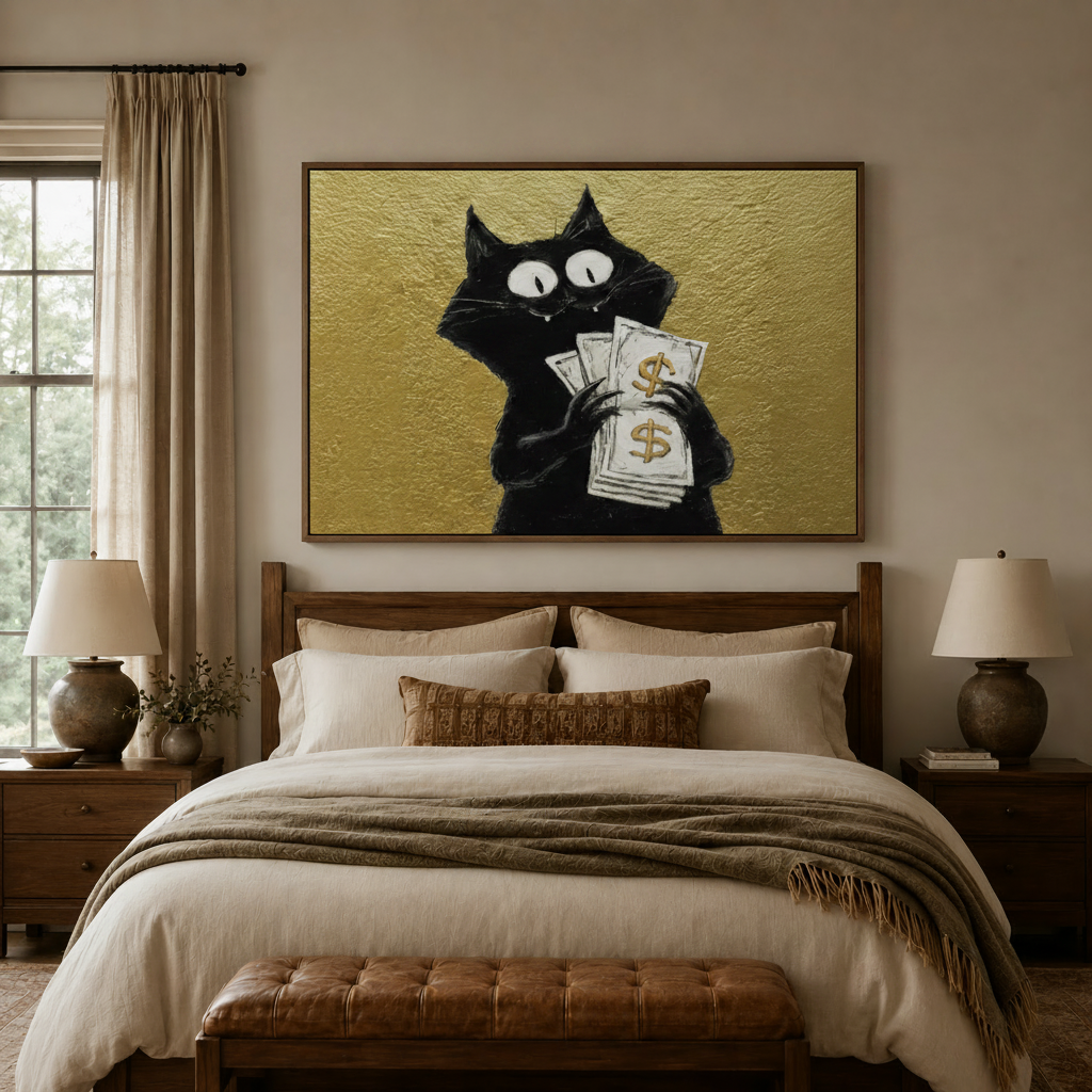 Funny black cat money canvas wall art in dark walnut floater frame, displayed in warm neutral entryway