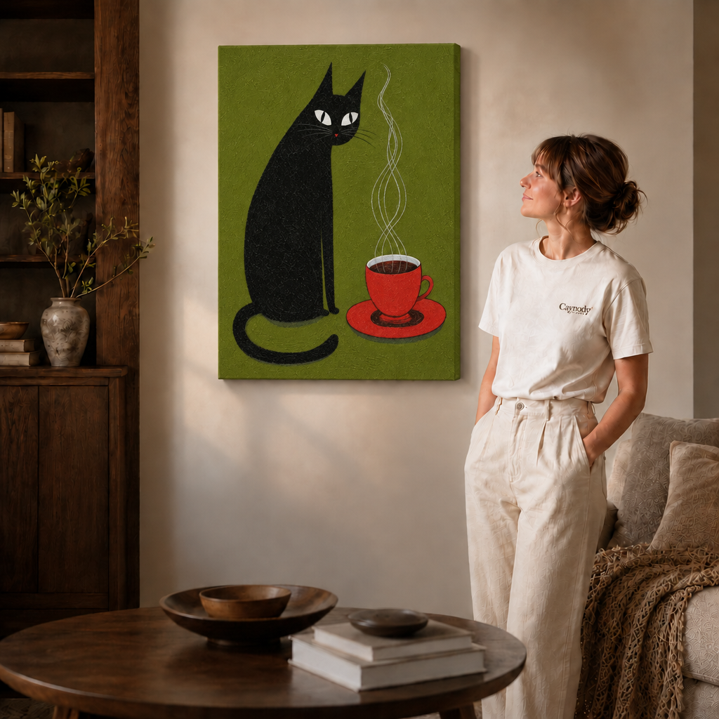Frameless black cat coffee canvas displayed beside a woman in a cozy modern living room