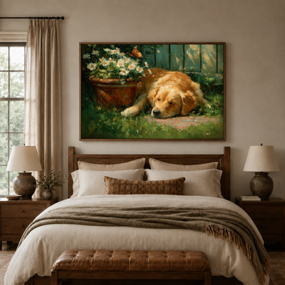Sleeping golden retriever canvas wall art styled above a warm wood bed.