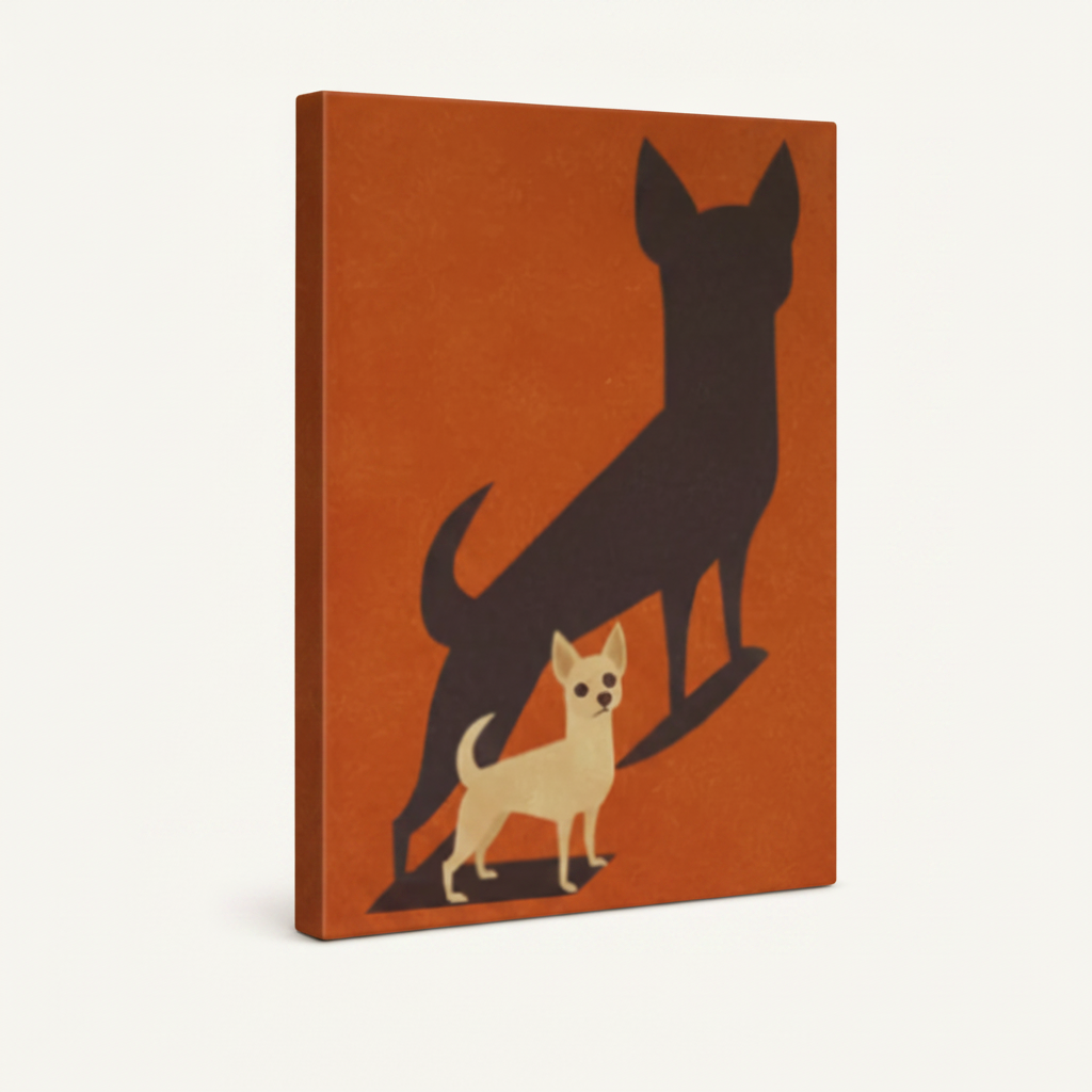 Gallery wrapped Chihuahua shadow mid-century modern canvas side view burnt orange background wrap edges visible