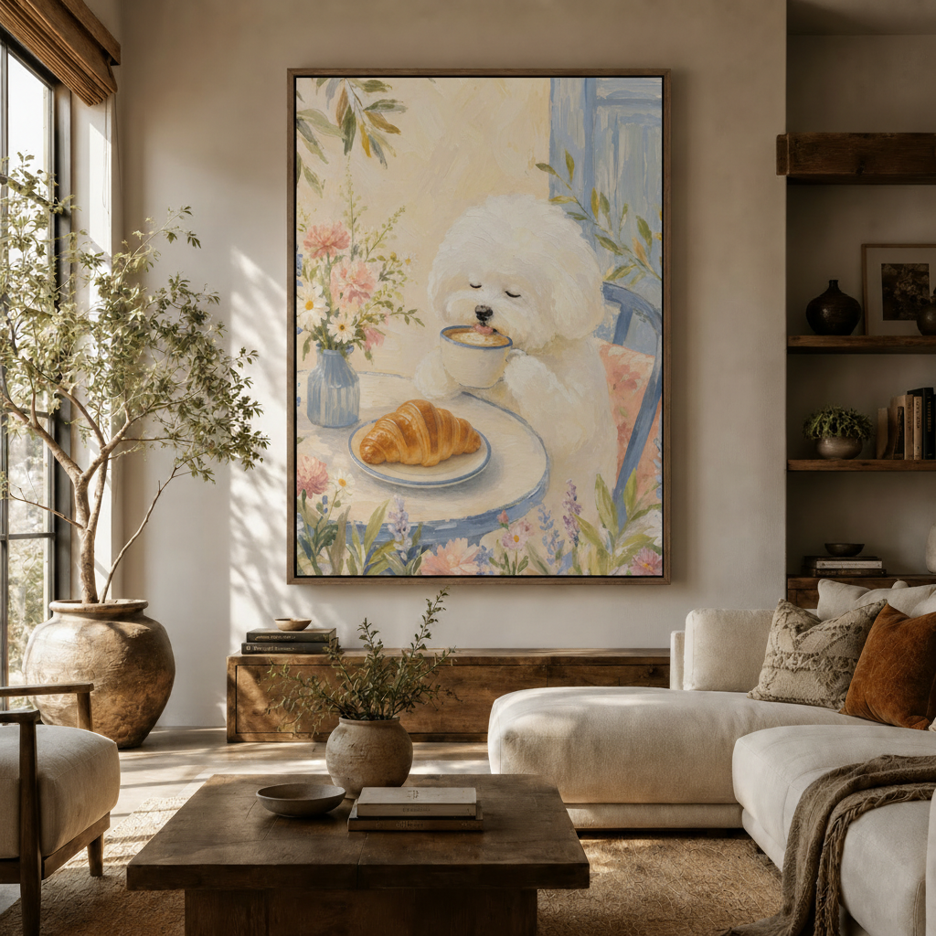 Watercolor Bichon Frise with croissant and latte canvas above white sofa in bright boho living room