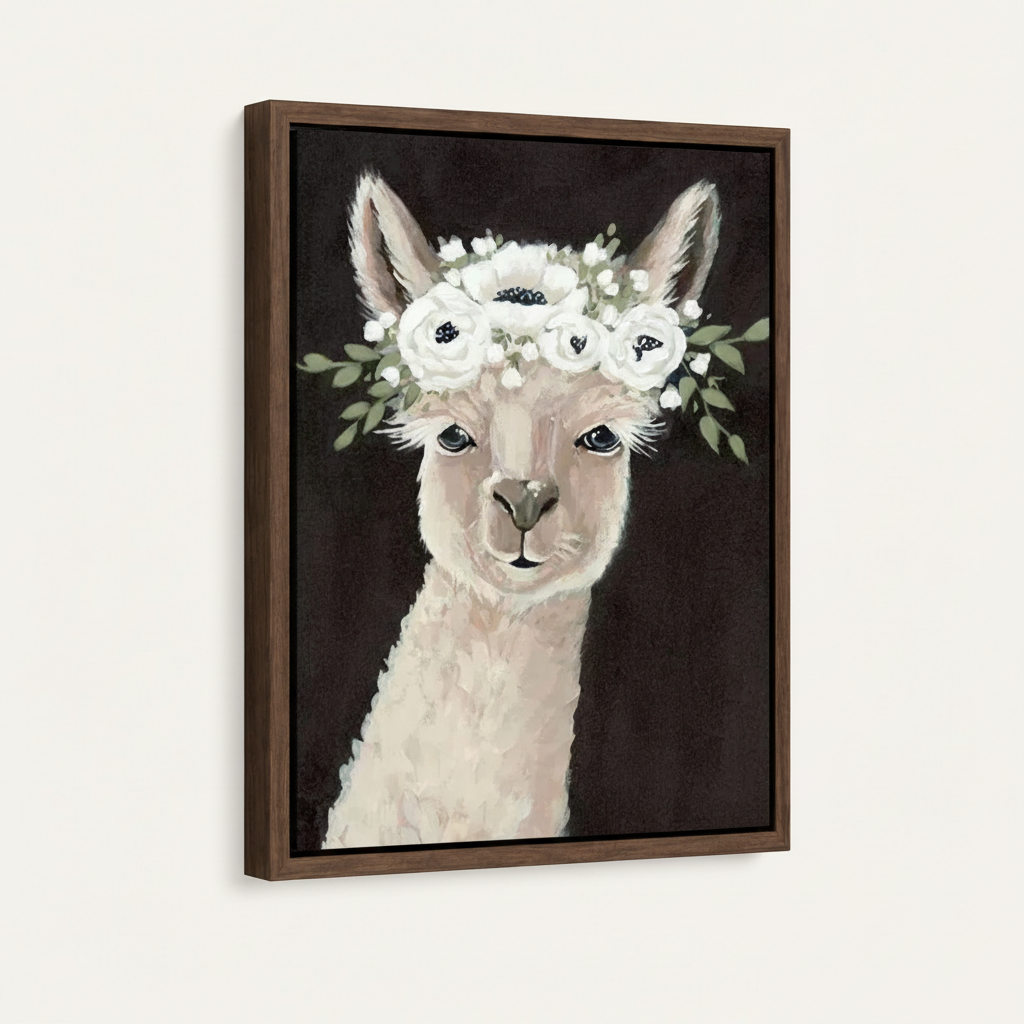 Sweet alpaca with floral crown canvas in dark walnut float frame, 3/4 angle showing frame depth