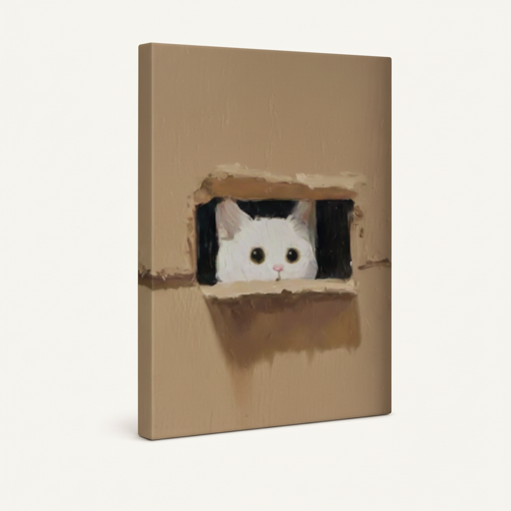 Gallery-wrapped cat oil painting canvas print, angled product view on cream background