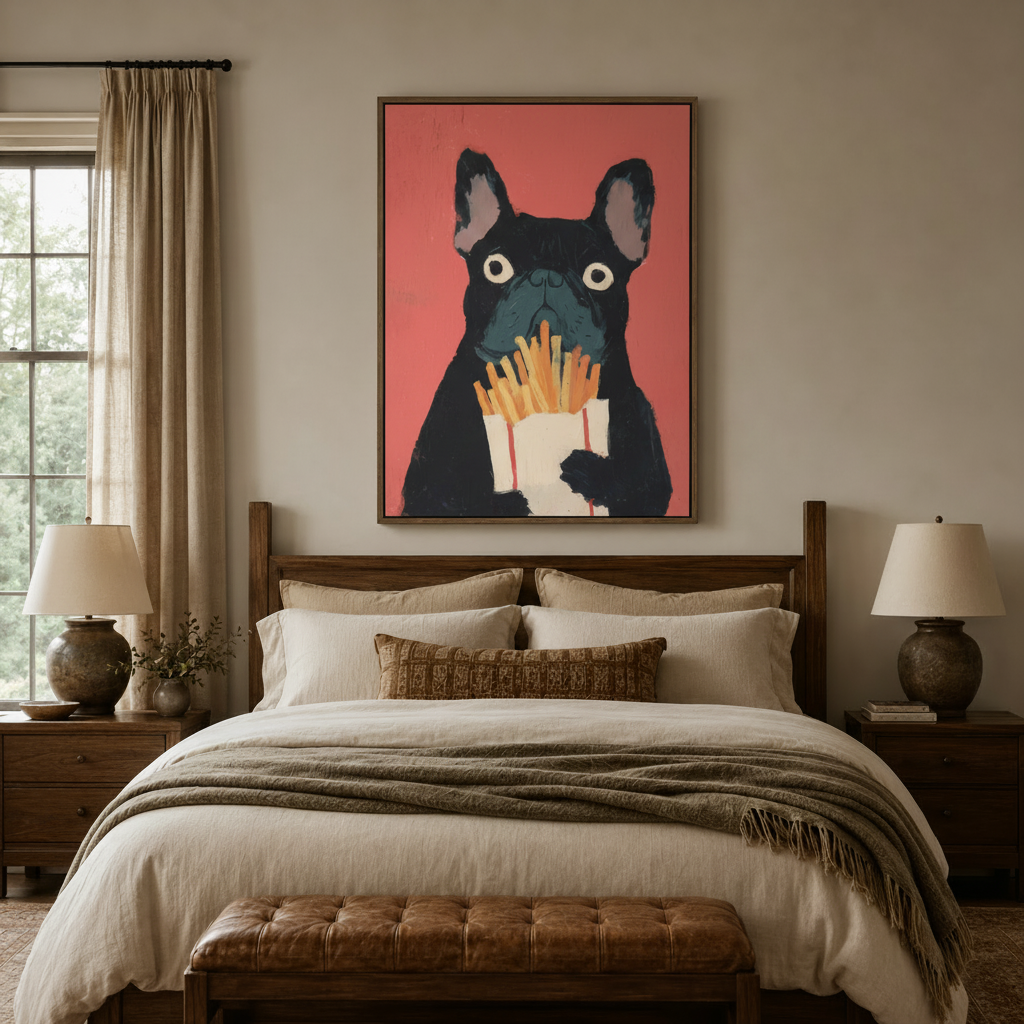 Pop art French Bulldog canvas wall art above a dark walnut bed frame in a cozy styled bedroom