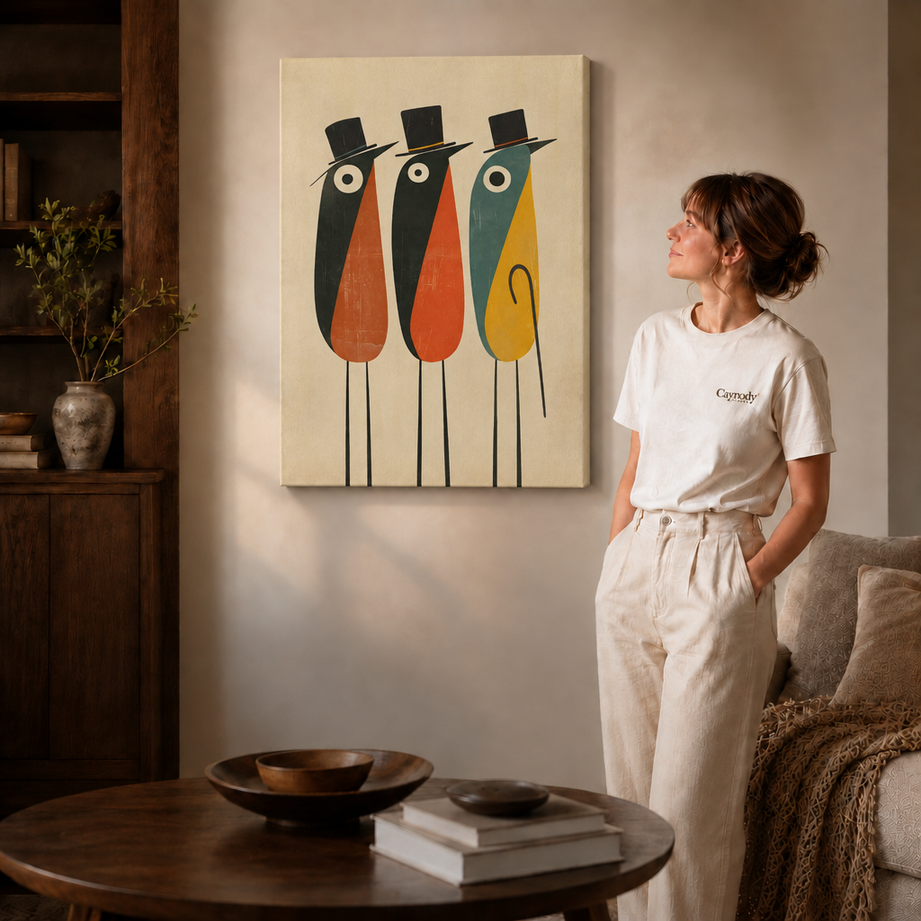 Gallery-wrapped retro figure canvas featuring three top-hatted characters in a cozy living room