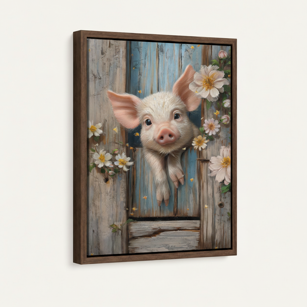  Framed canvas print of baby piglet peeking through rustic blue door in dark walnut float frame