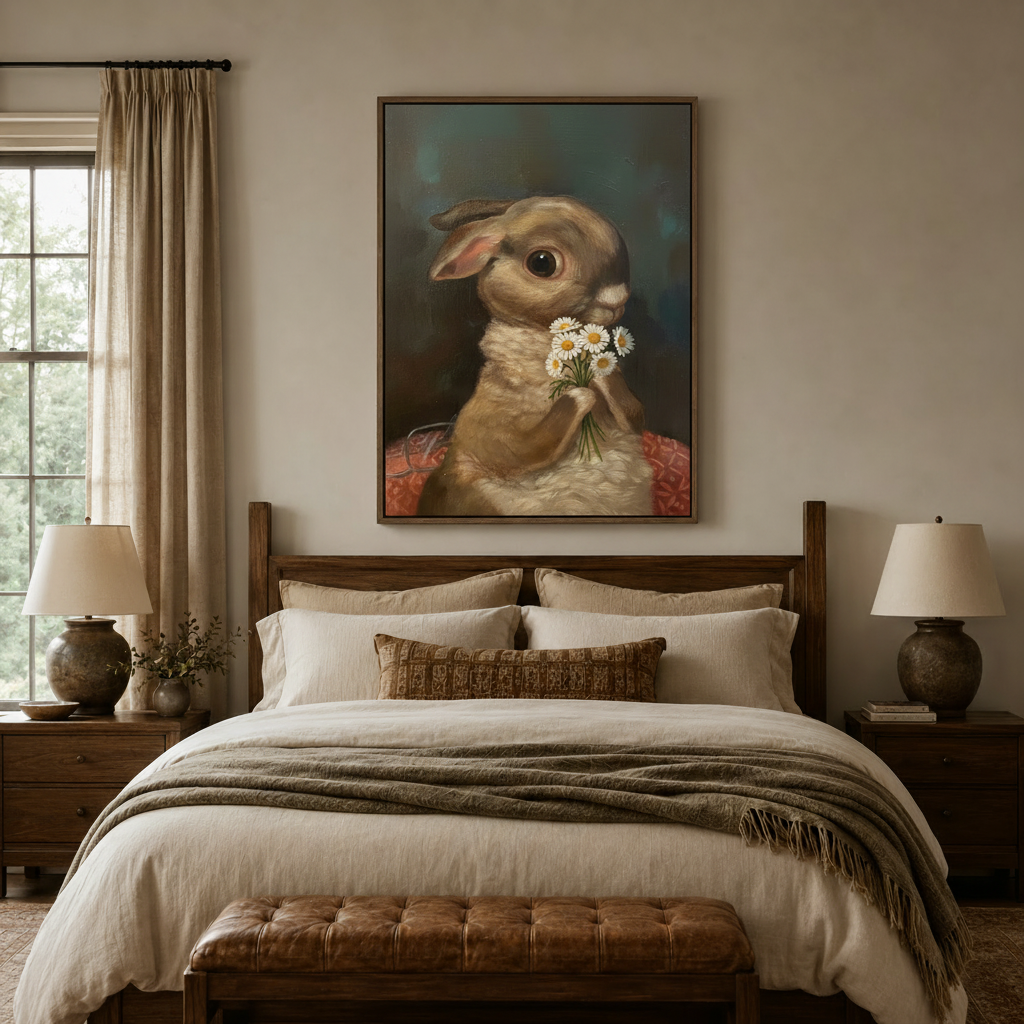 Rabbit daisy classical oil painting canvas art in dark walnut frame above linen bed in cozy bedroom