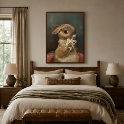 Rabbit daisy classical oil painting canvas art in dark walnut frame above linen bed in cozy bedroom