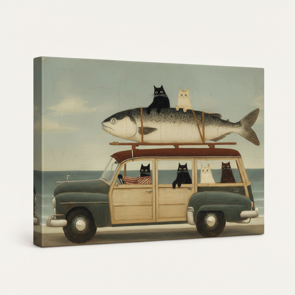 Gallery wrapped cats road trip vintage folk art canvas side view showing muted coastal tones wrapping edges