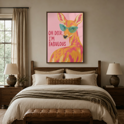 Oh Deer I'm Fabulous funny deer pop art canvas print with pink background displayed above wooden bed in cozy bedroom