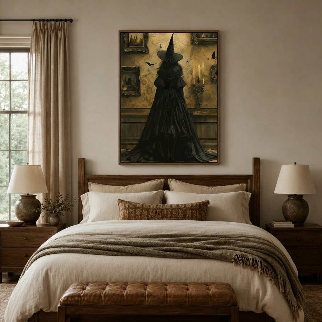 Gothic canvas print above a rustic bedroom bed with linen bedding and warm lamp lighting