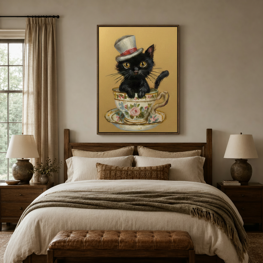 Whimsical black kitten canvas wall art displayed above a wooden bed in a cozy warm-toned bedroom