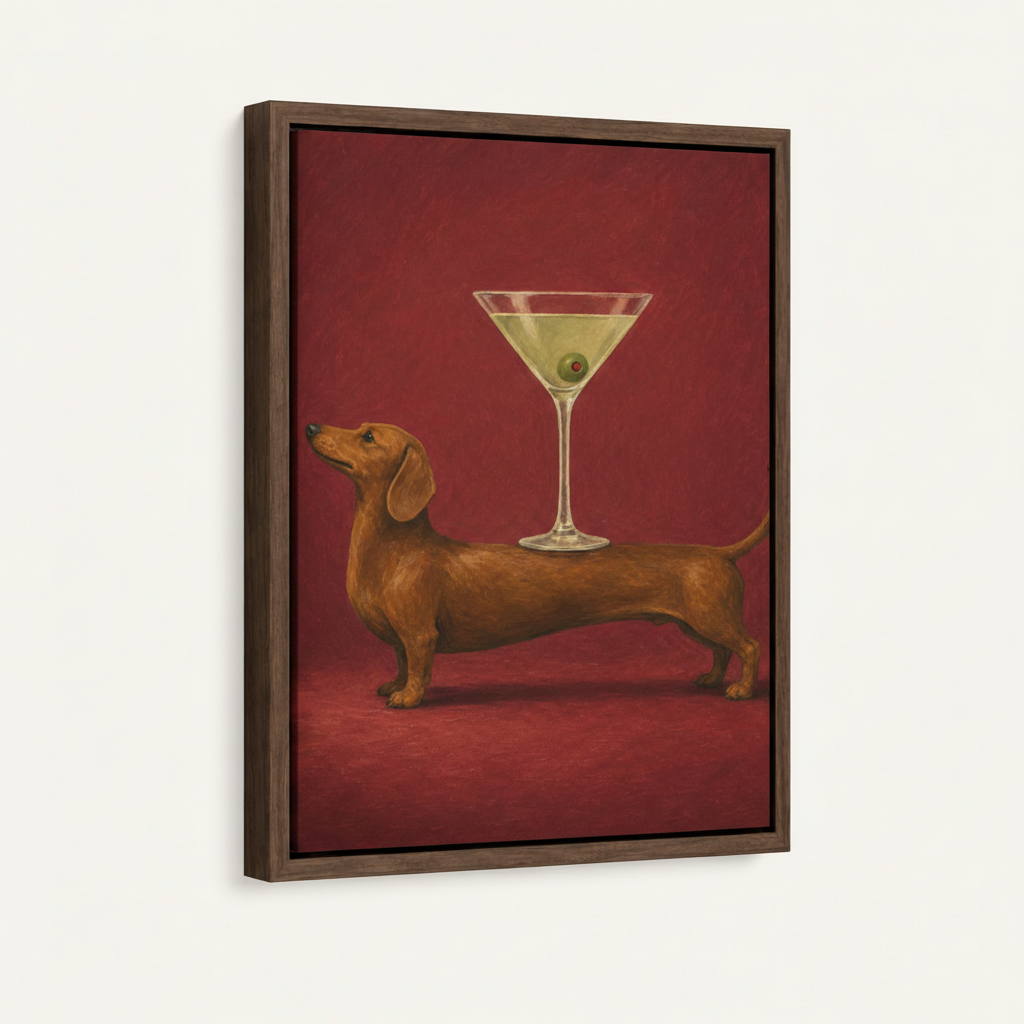 Dachshund martini art print in dark walnut float frame displayed at angle on white background