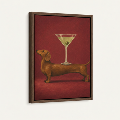 Dachshund martini art print in dark walnut float frame displayed at angle on white background