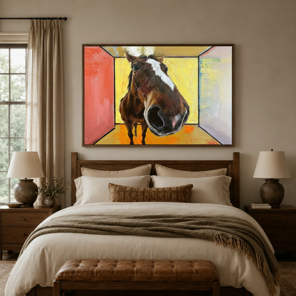 Expressive horse portrait canvas print above dark walnut bed headboard in warm neutral bedroom