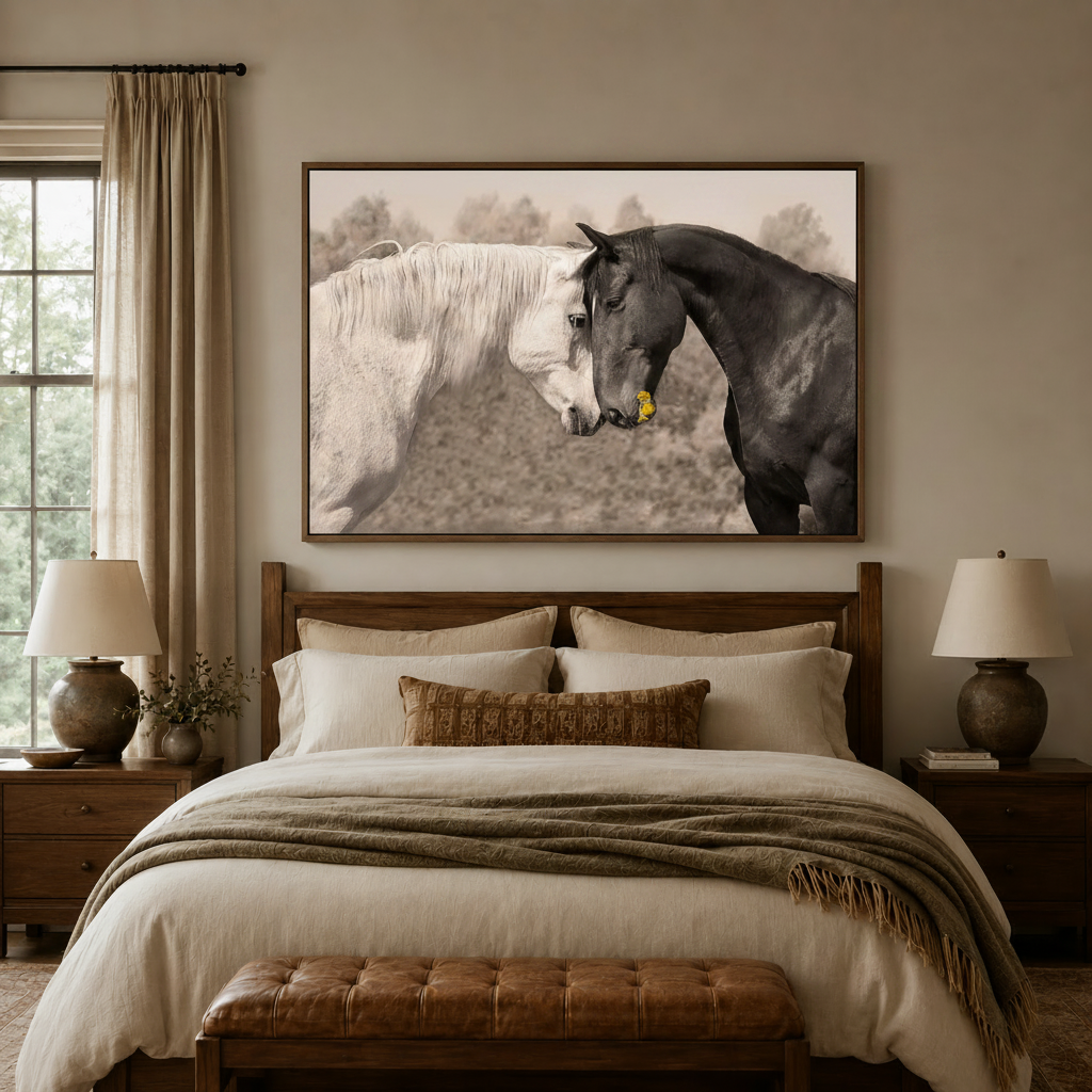Romantic equestrian canvas wall art above a bed in a cozy neutral-toned bedroom interior