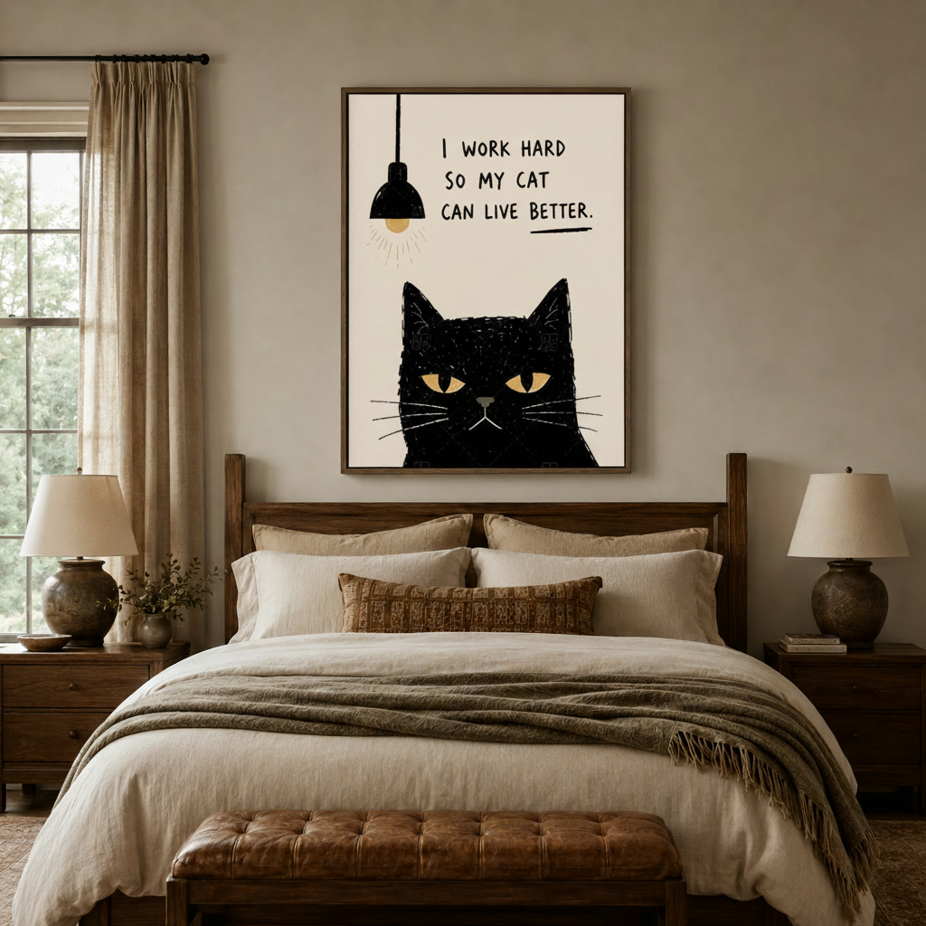 Black cat humor wall art above bed, framed canvas print in cozy bedroom decor setting
