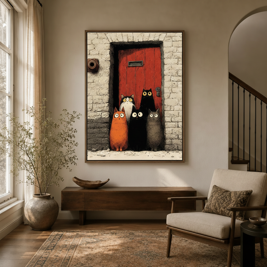 Five cartoon cats comic canvas print displayed in bright entryway foyer with arched doorway and armchair