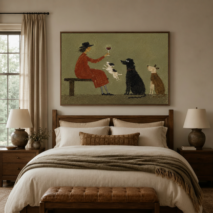 Woman toasting with dogs folk art canvas above dark walnut headboard in cozy master bedroom