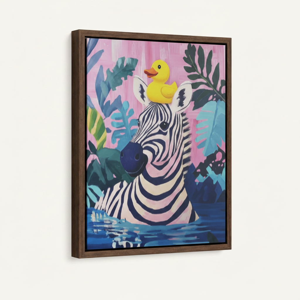 Framed zebra rubber duck wall art in dark walnut float frame, angled product view