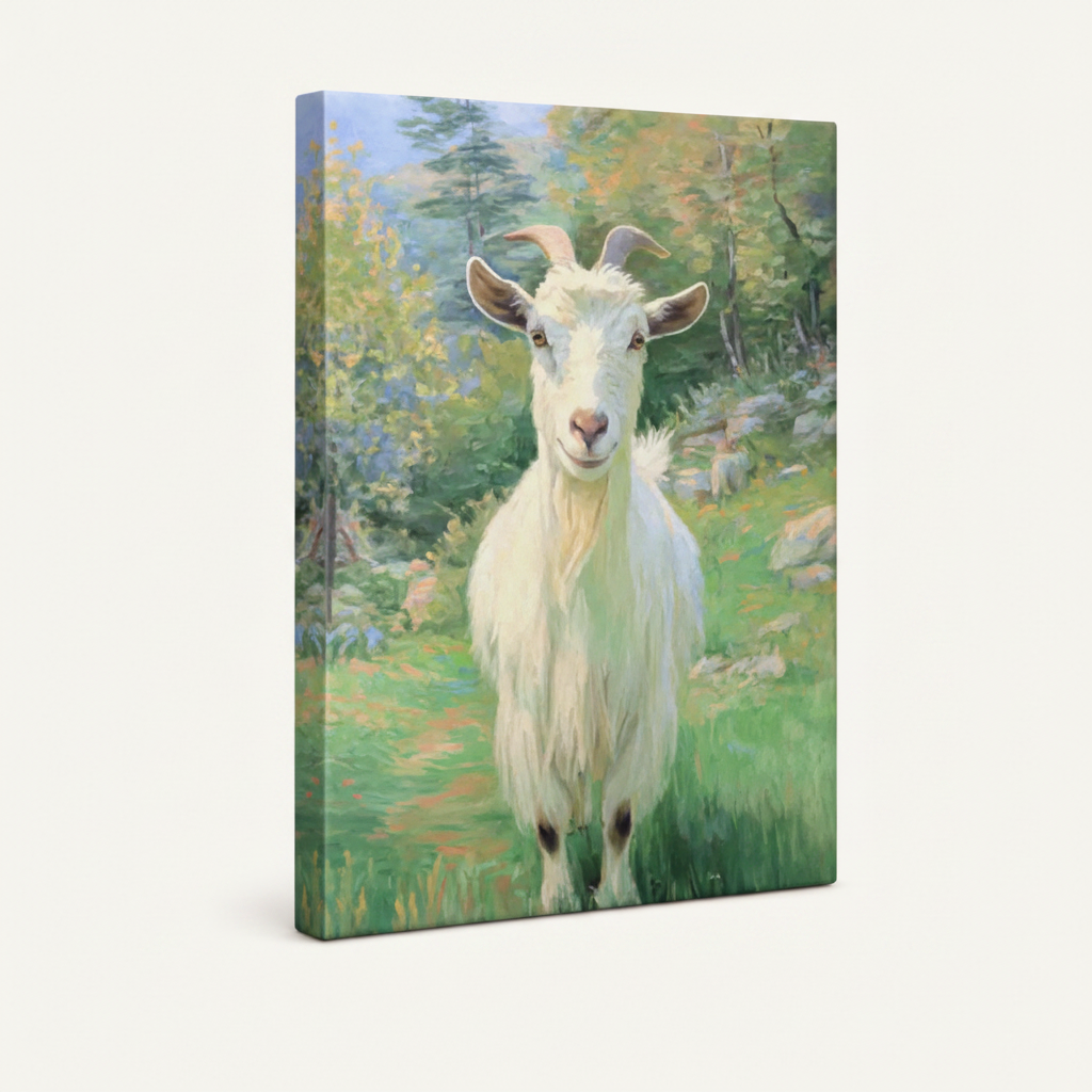 White goat lush green meadow soft realistic canvas in dark walnut wide float frame, 3/4 left angle view