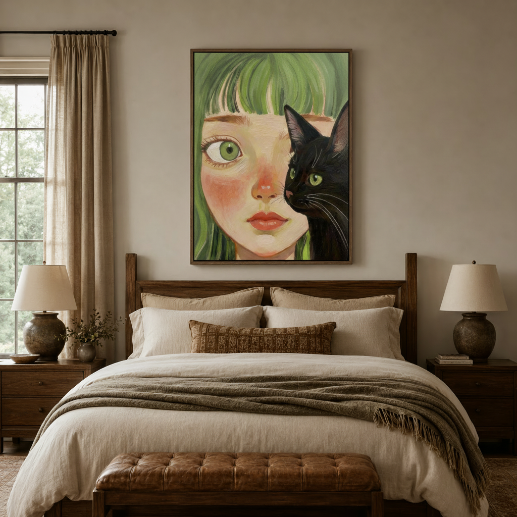 Painterly girl and black cat canvas art hung above a bed in a warm neutral bedroom
